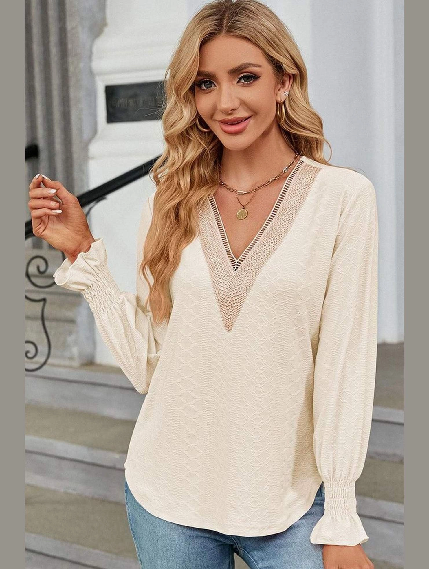 WOMEN GUIPURE LACE TRIM NECK RUFFLE SLEEVE BLOUSE Colorfast Dye Method