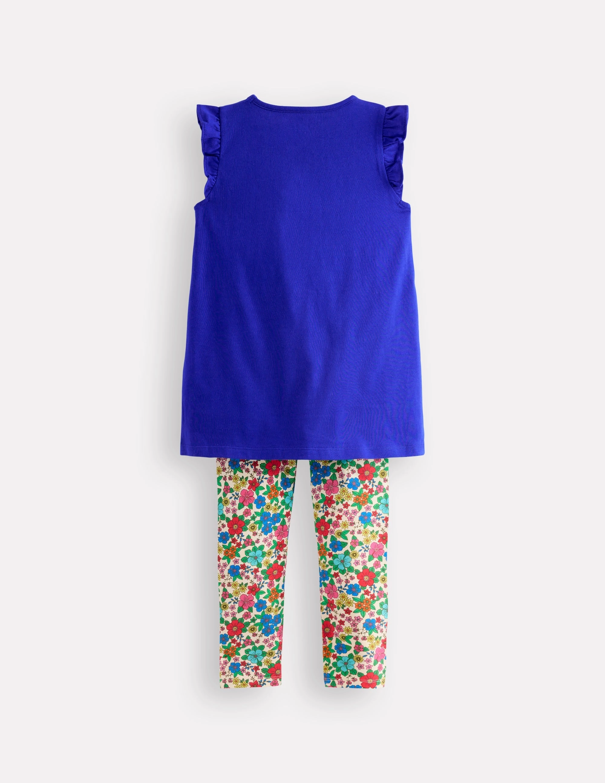 Frill Sleeve Tunic Set-Bright Blue Embroidery Versatile Layering Cut