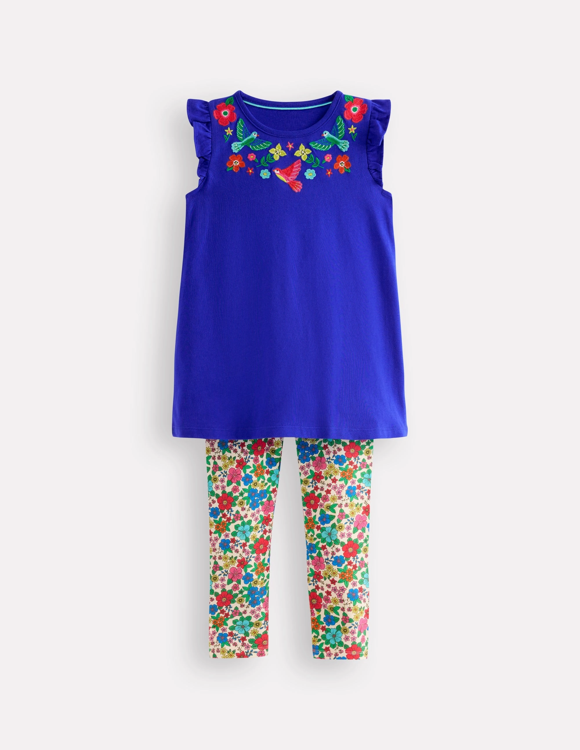 CompressionTechnology Breathable mesh lining Frill Sleeve Tunic Set-Bright Blue Embroidery