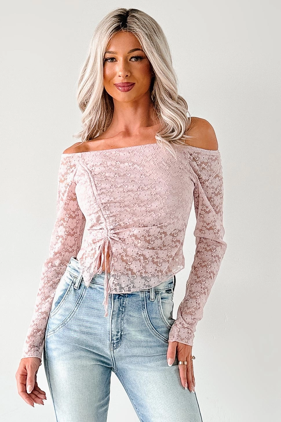 Up To Standard Ruched Lace Asymmetric Top (Blush) Cozy Fit Breathable Lining