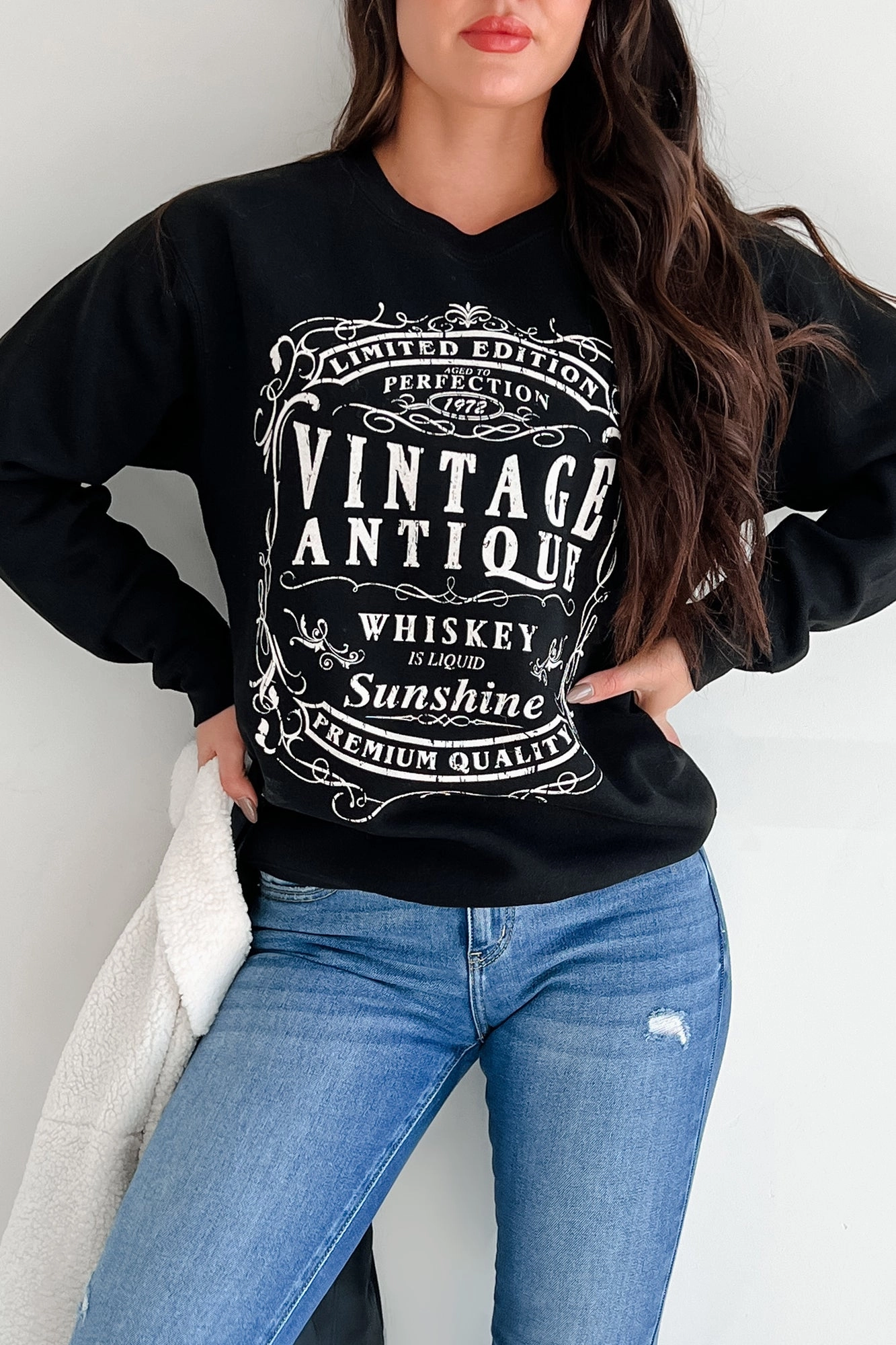 Durable Reinforced Elbow Patches Anti Slip Shoulder Padding "Vintage Antique Whiskey" Graphic Sweatshirt (Black)