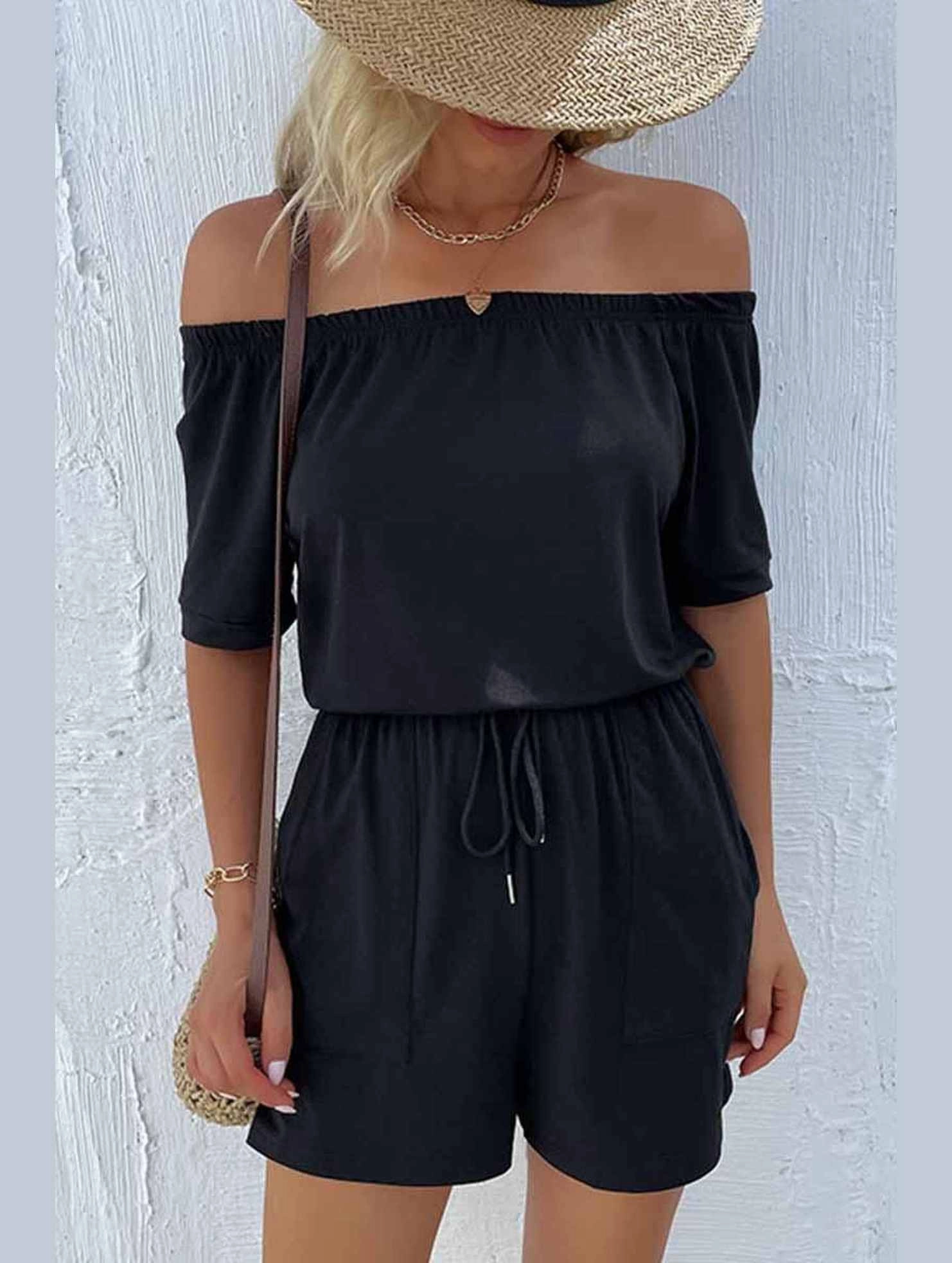 FourWay Stretch OFF SHOUDER SIMPLE WAIST STRAP ROMPER