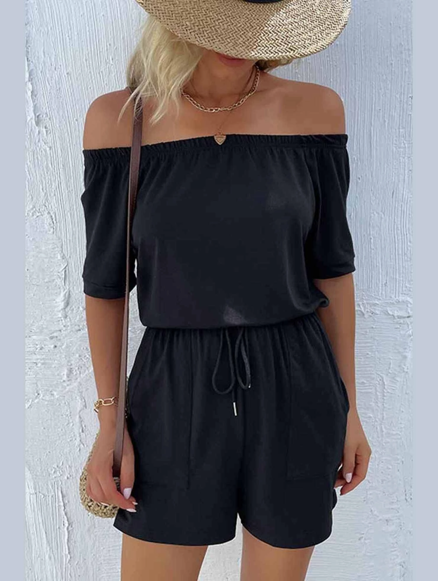 OFF SHOUDER SIMPLE WAIST STRAP ROMPER FullCut Shoulder Versatile Layering Piece