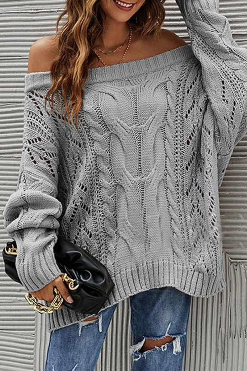 OFF SHOULDER CABLE CHUNKY KNIT OVERSIZED SWEATER100% ACRYLICSIZE S(2)-M(2)-L(2)-XL(2)MADE IN CHINAWOMEN BLAZER Eco Conscious Packaging FoamReinforcedCollar