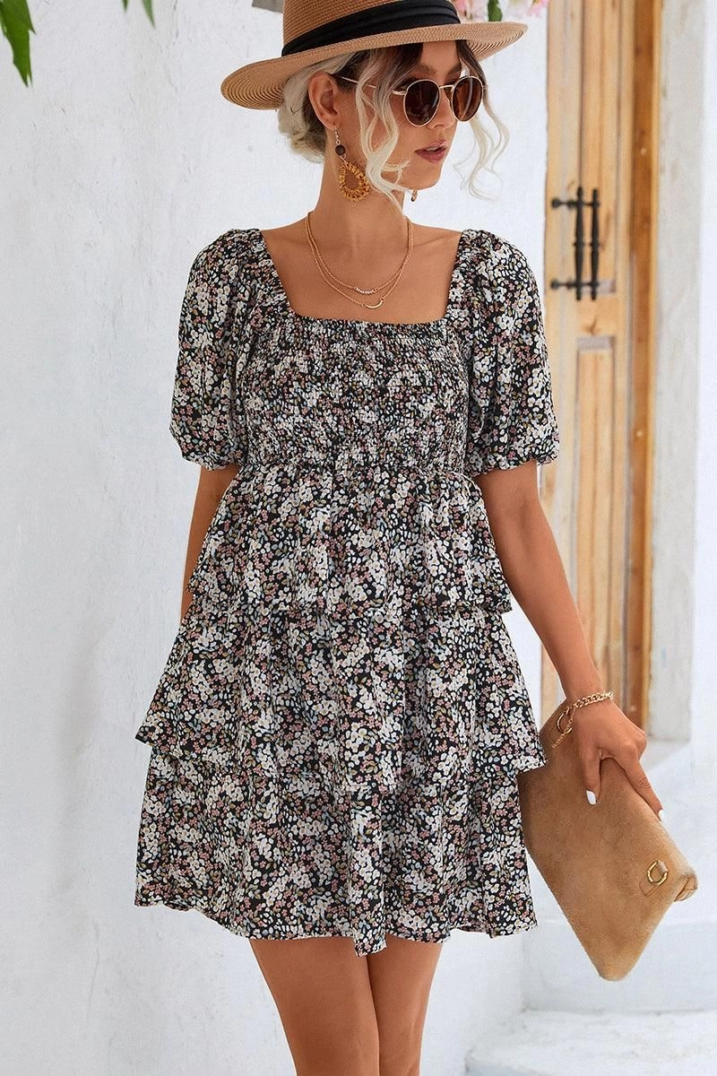 Stylish Comfort OFF SHOULDER SQUARE NECK FLORAL TIERED DRESS