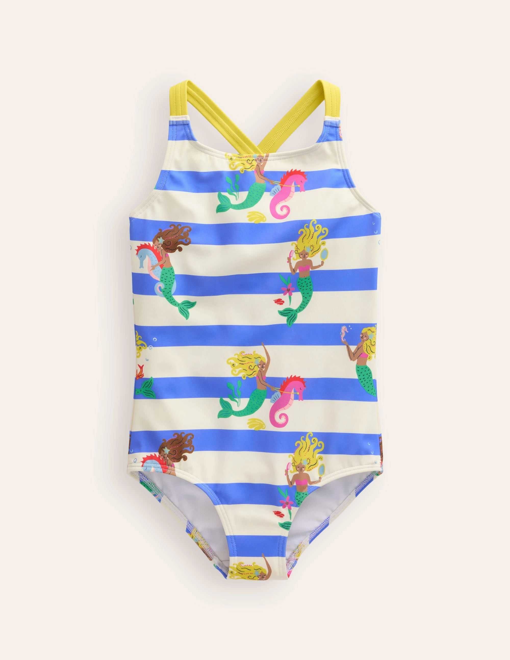 UV protection coating Classic Design Cross-back Printed Swimsuit-Surf Blue Mermaid Stripe