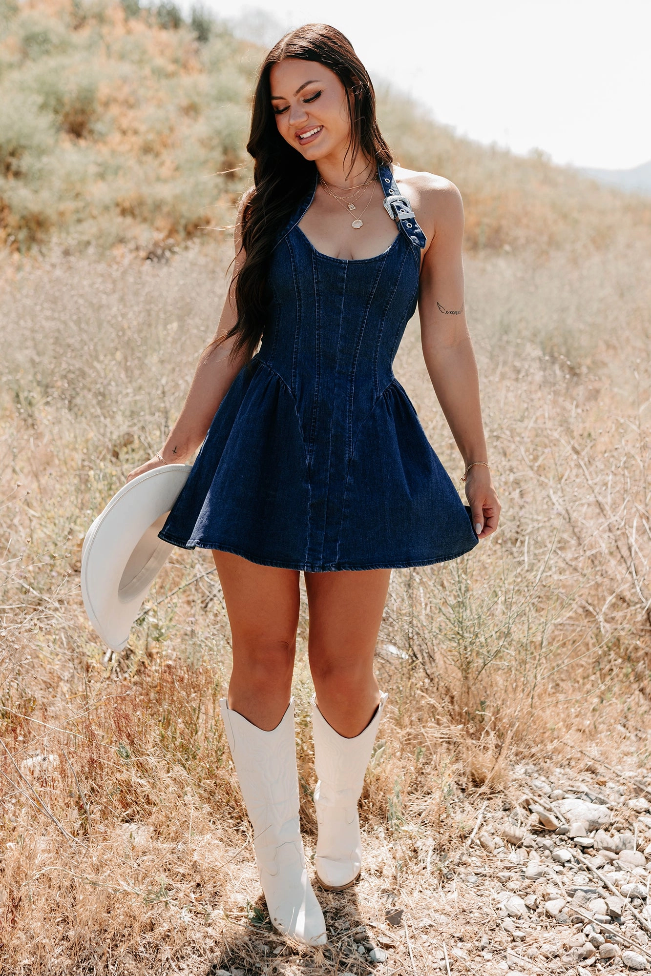 Collared Fleeting Moments Denim Halter Mini Dress (Denim)