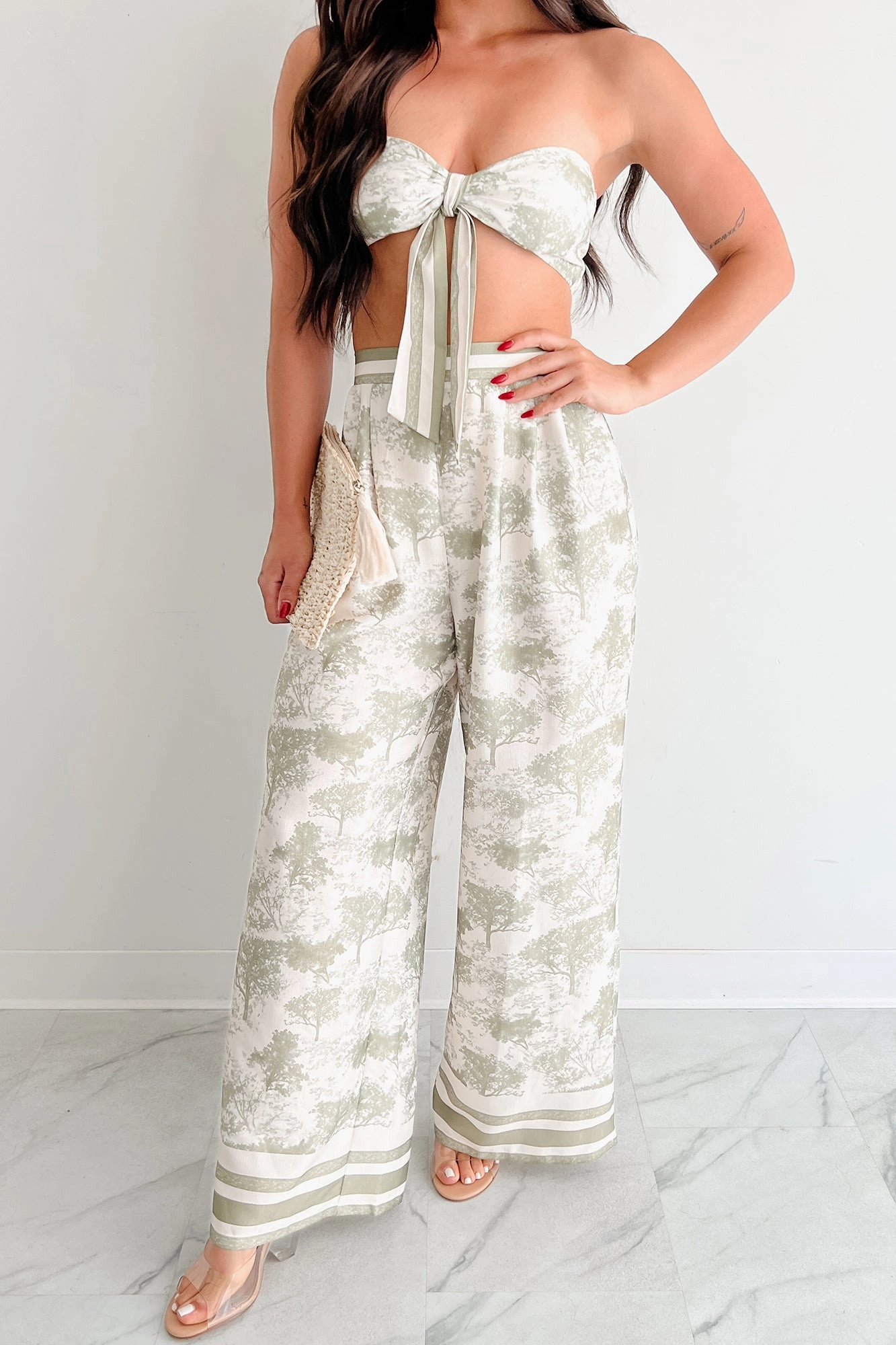 On Brand Printed Bandeau Top & Pants Set (Ivory/Sage) Stylish Jacket