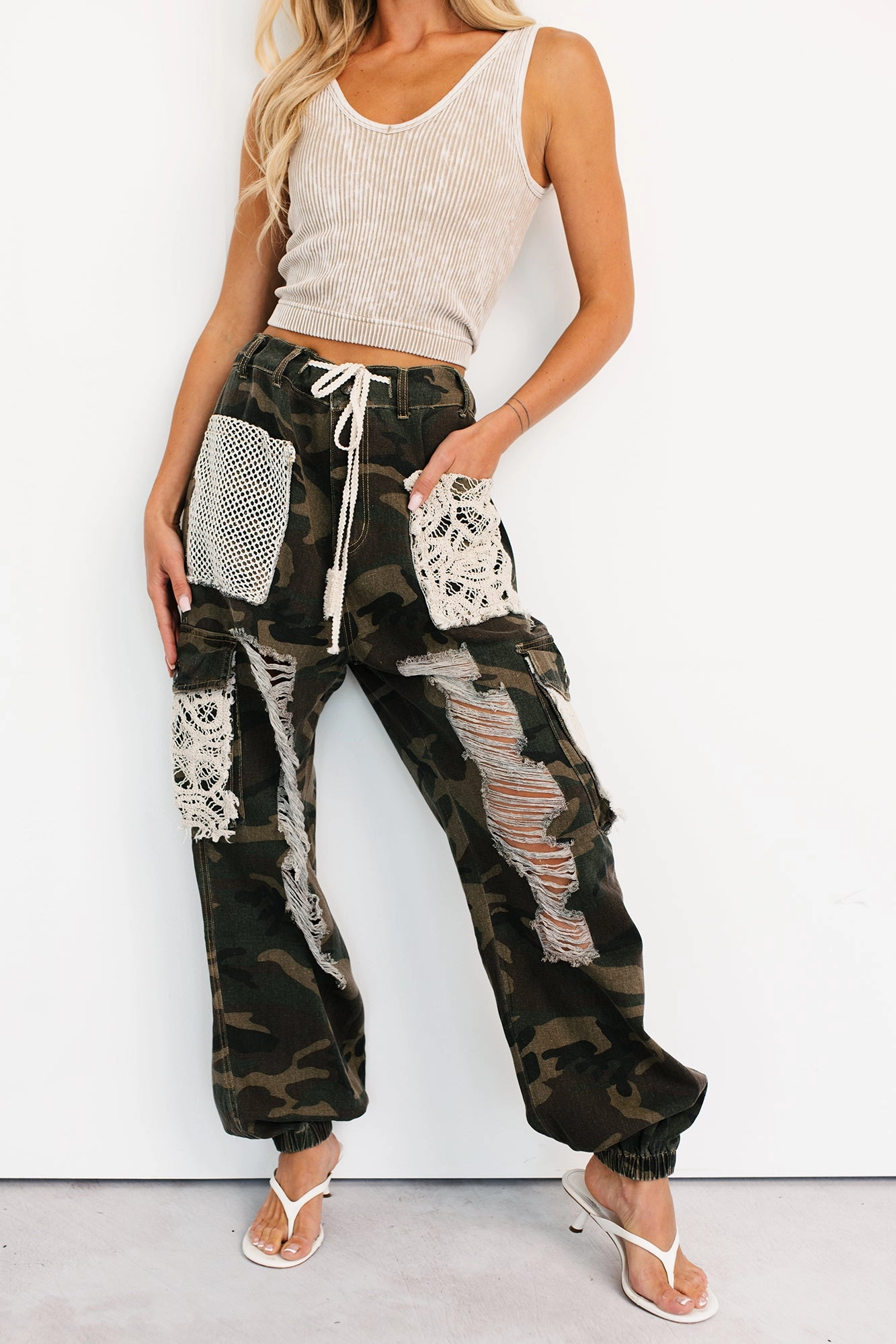On Duty Cutie Distressed Cargo POL Joggers (Camo) Light Wear Fit Cozy Fit