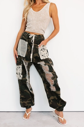 On Duty Cutie Distressed Cargo POL Joggers (Camo) Light Wear Fit Cozy Fit