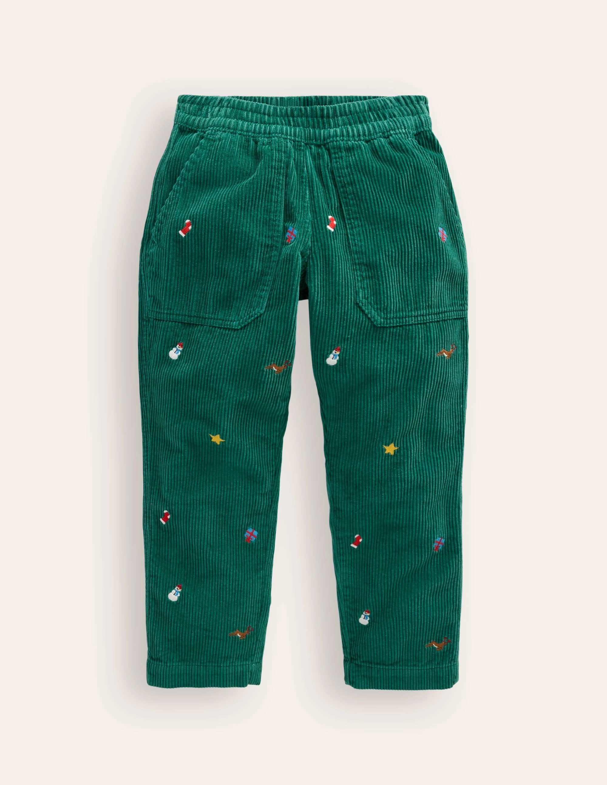 Casual Active Wear Pull-On Cord Trousers-Festive Embroidery