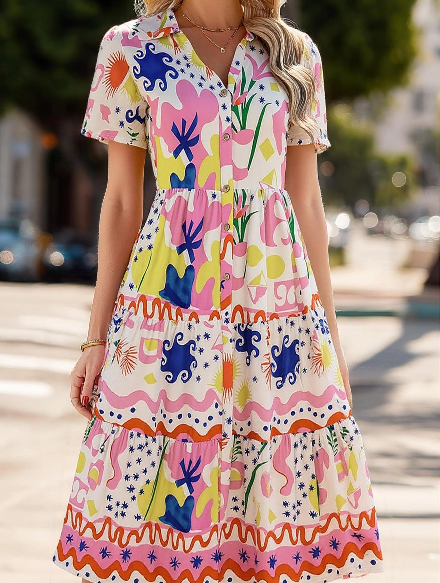 Light Finish Bohemian High-Waisted Colorblock Midi Dress ??Casual Viscose Lyocell Blend