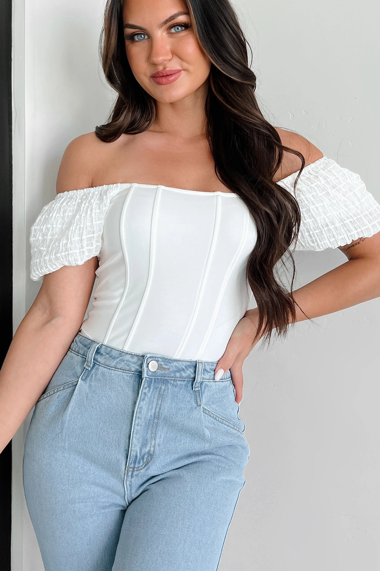 Letting You In Square Neck Corset Knit Bodysuit (Off White) UltravioletProtectionFabric Water resistant coating