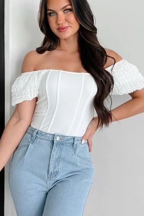 Compact Stitching Letting You In Square Neck Corset Knit Bodysuit (Off White)