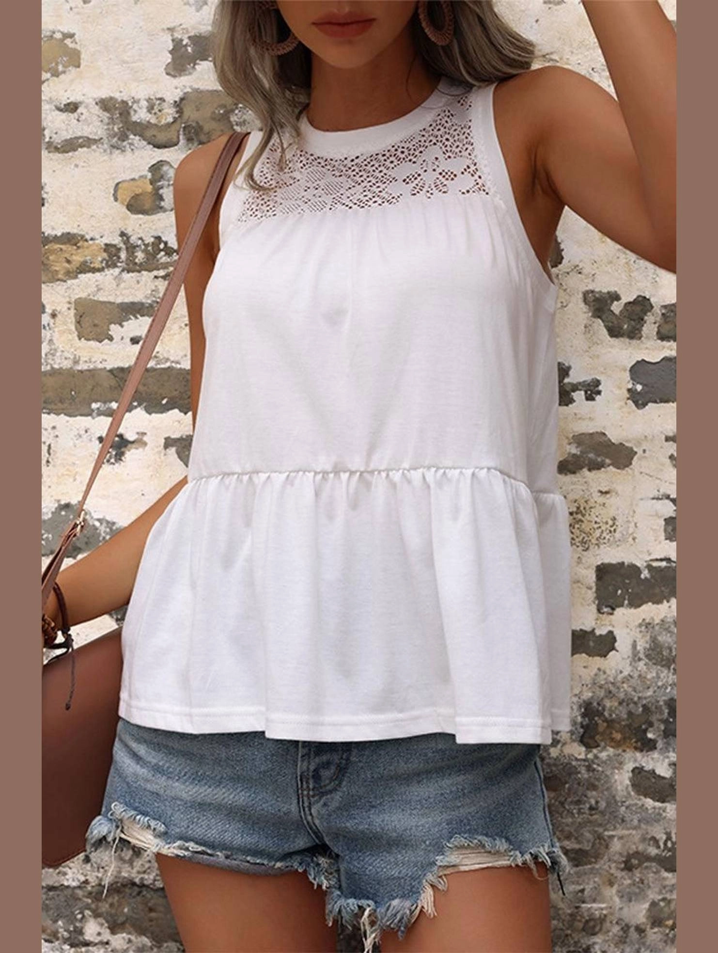 AirflowVents Flowing Design MESH LACED NECK TIERED SLEEVELESS TUNIC TOP