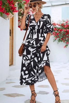 SHAPE PATTERN V NECK TIGHTEN WAIST PUFF DRESS Long Lines Modern Edge