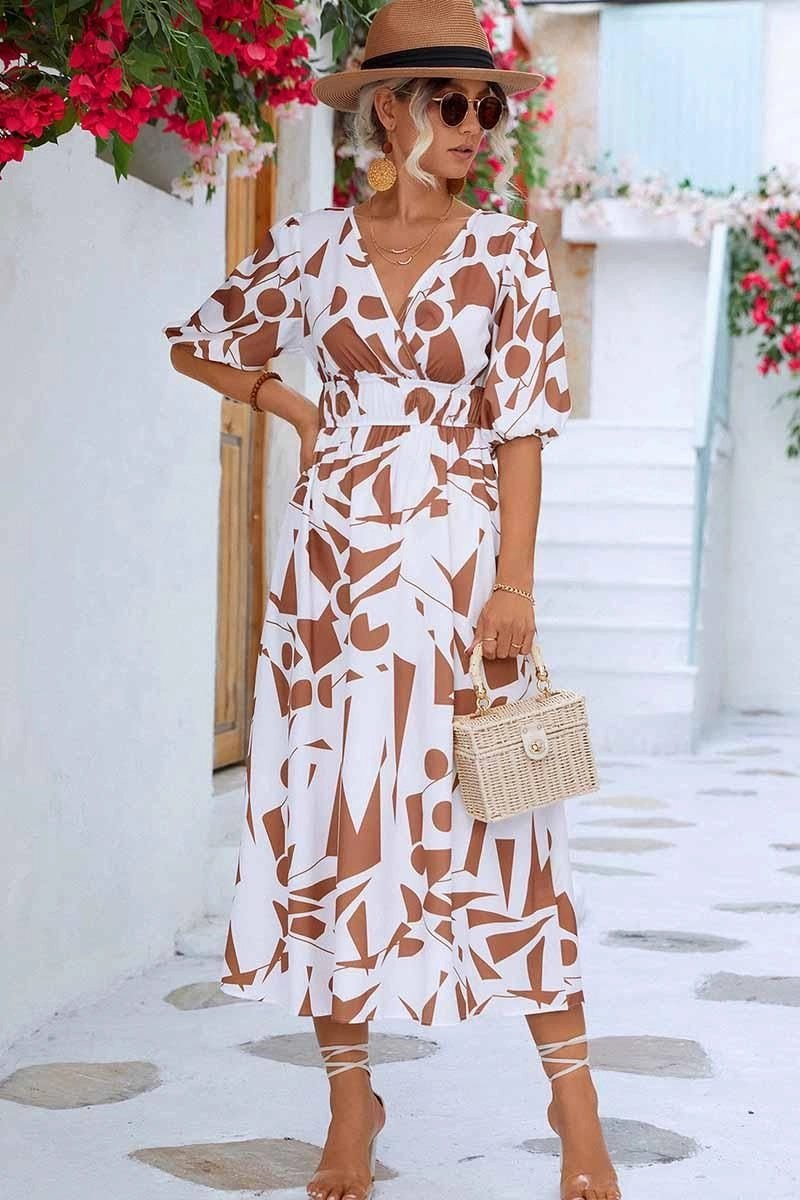 SHAPE PATTERN V NECK TIGHTEN WAIST PUFF DRESS Simple Texture