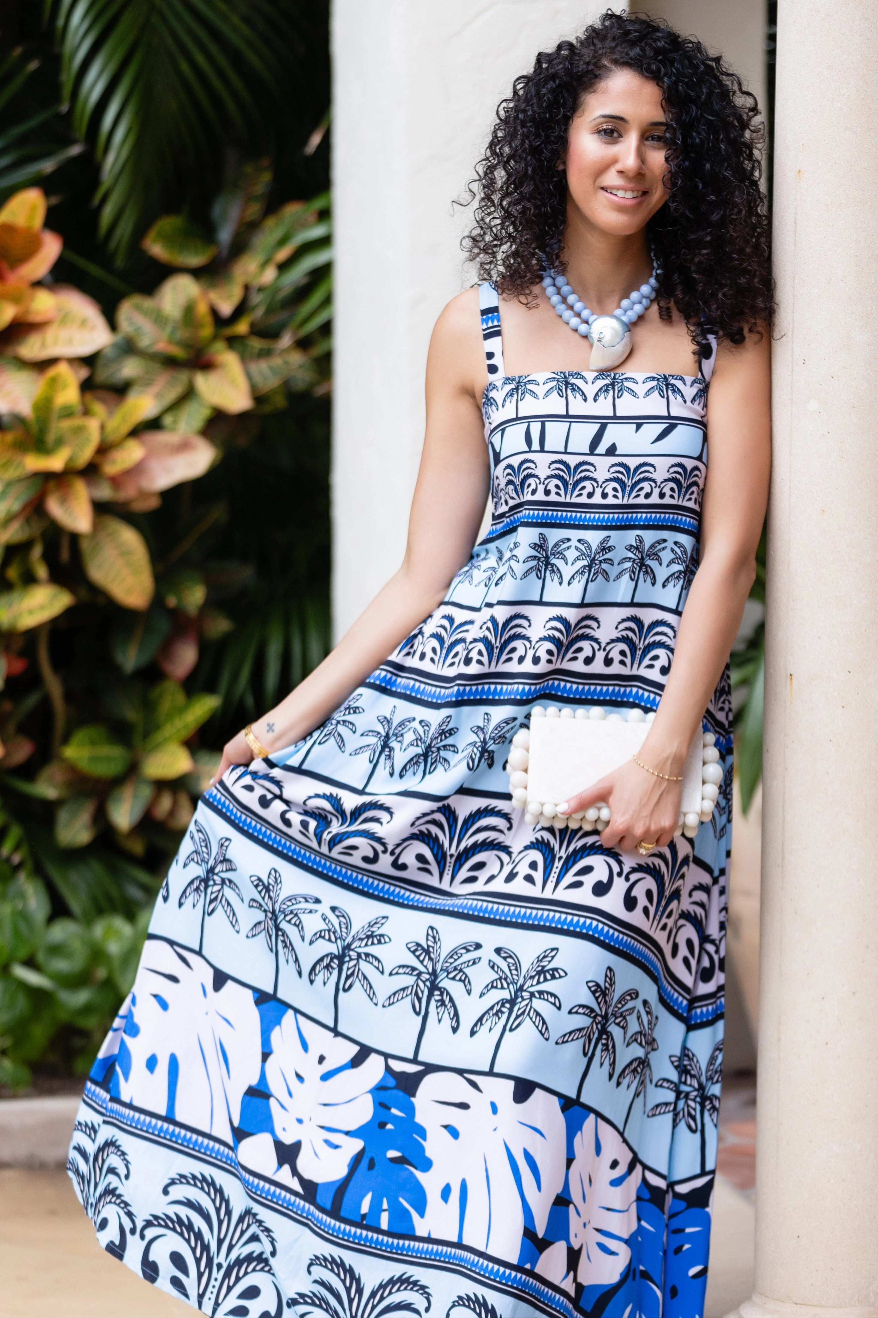 All weather Lounge Comfort Giselle Dress / Sky Blue Palm Stripe