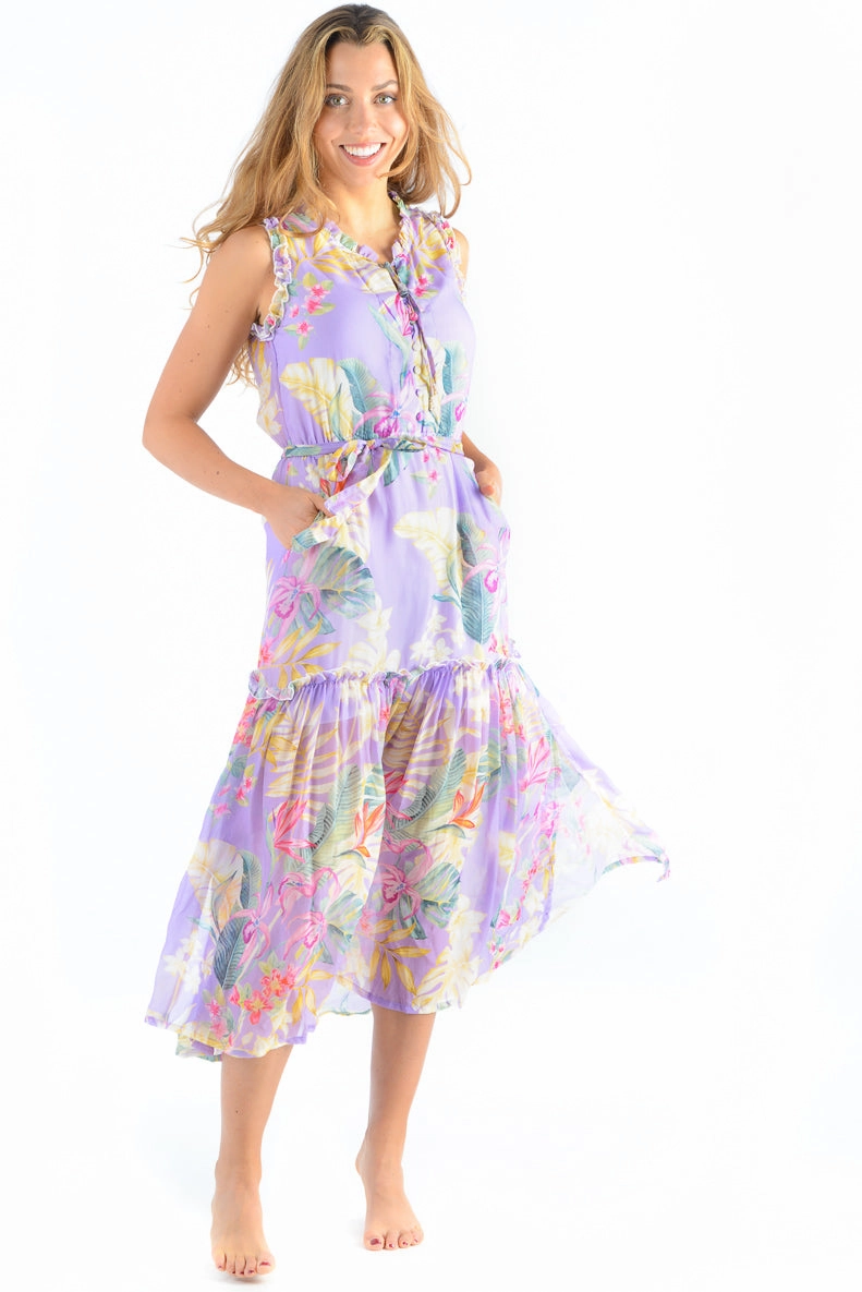 Breathable Wearable Semi Sheer Alexis Dress / Lavender Tropical