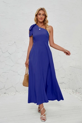 BOW ONE-SHOULDER BELTED DRESS_CWDMD1831 Quick-Dry