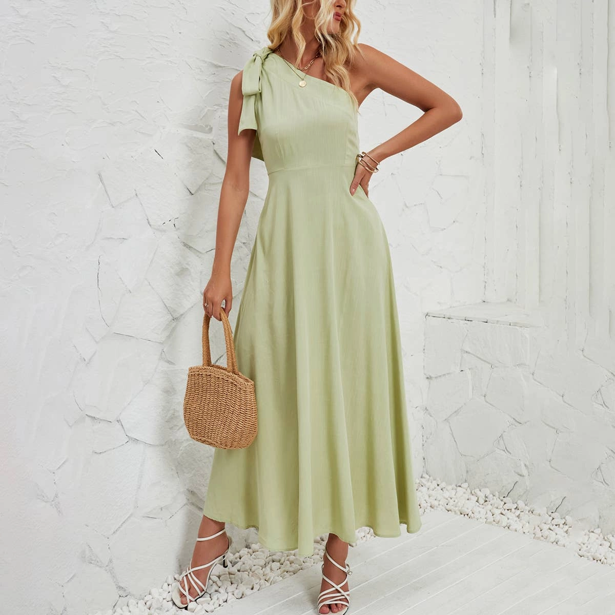 Balanced Fit Soft Drape BOW ONE-SHOULDER BELTED DRESS_CWDMD1831
