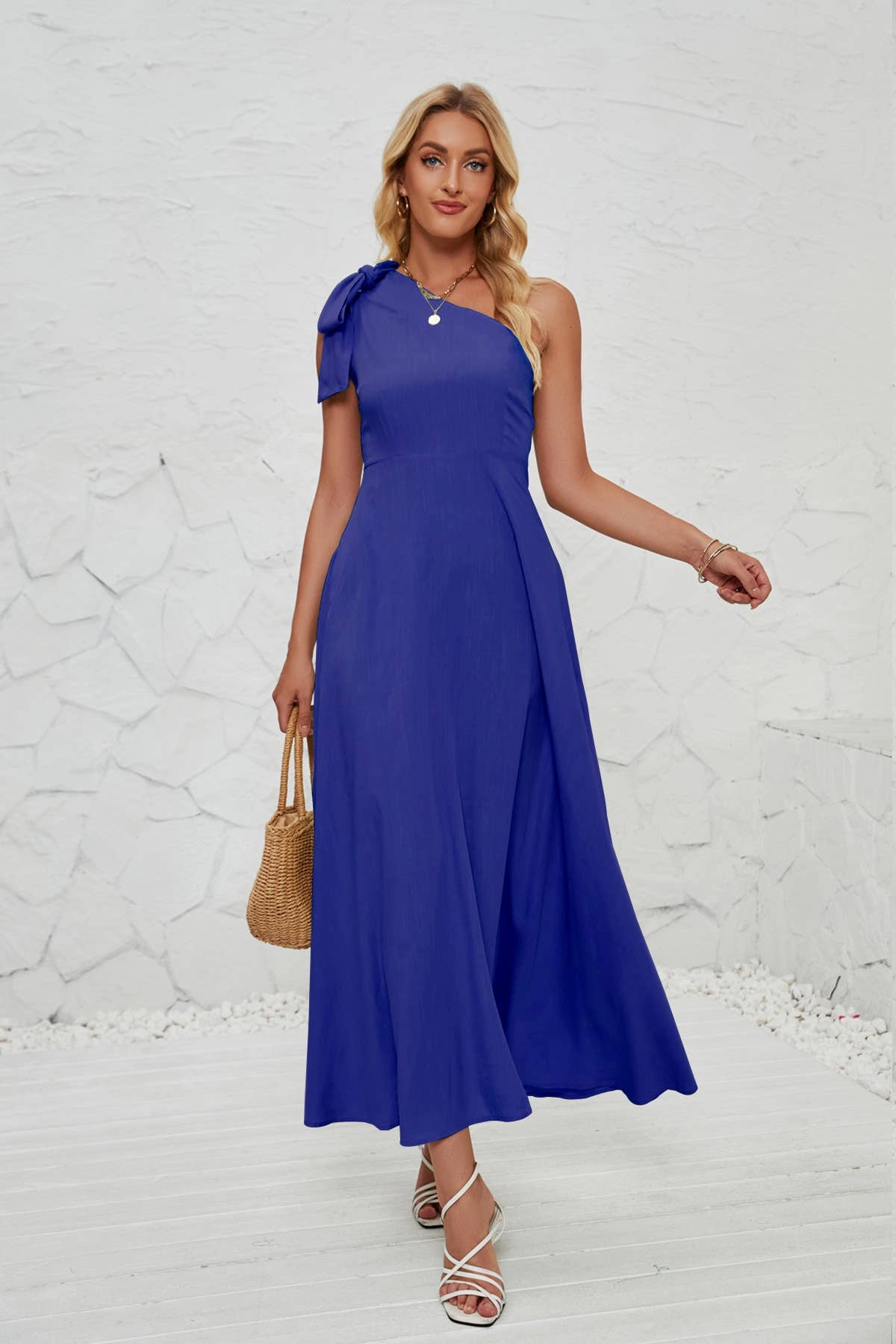 BOW ONE-SHOULDER BELTED DRESS_CWDMD1831 Quick-Dry