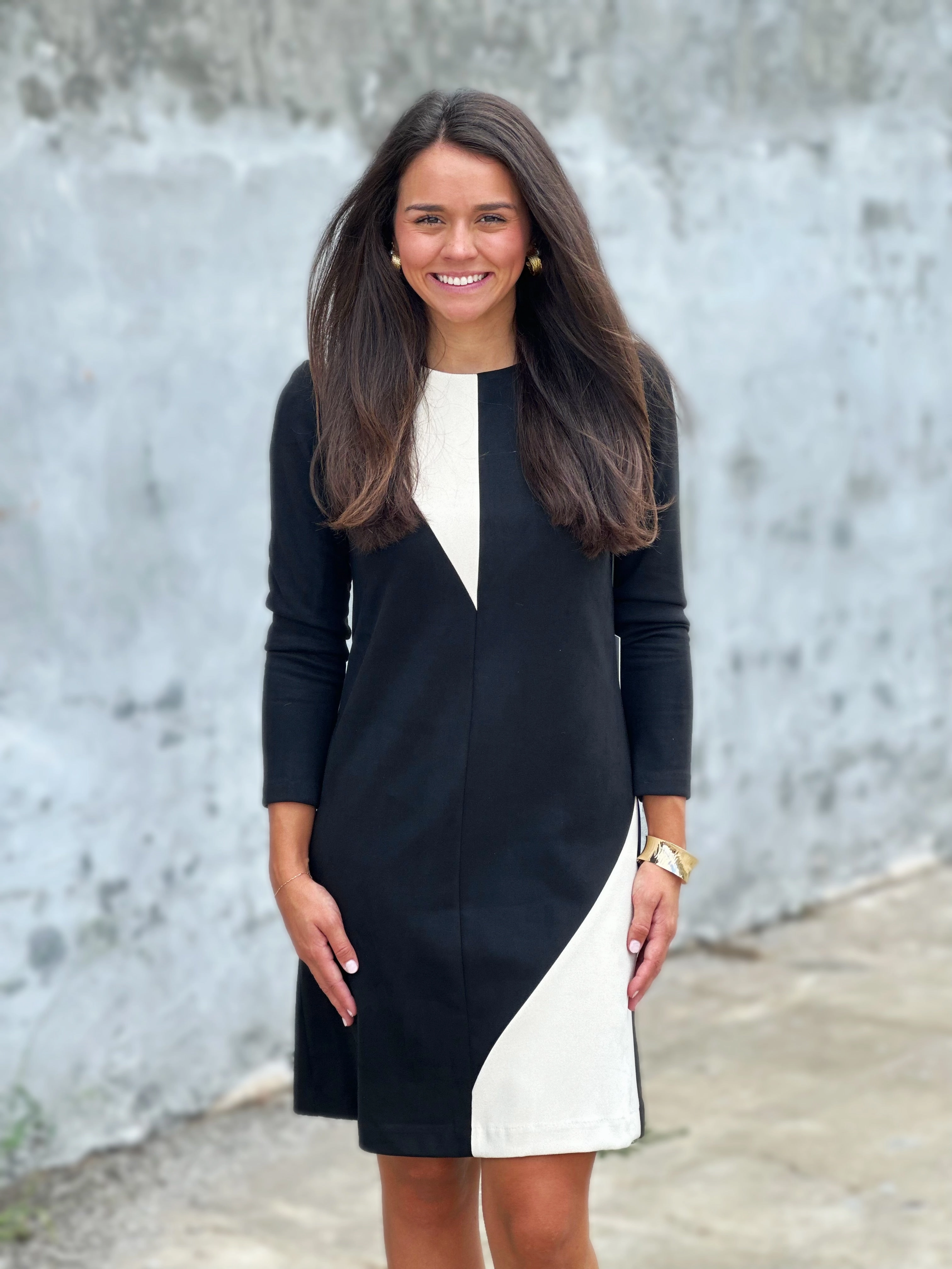 Perre Scoop Neck Stone Color-block Black Long Sleeve Dress Grass Soft