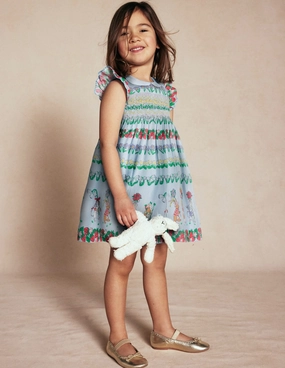 Adeline Smocked Dress-Glacier Blue Spaced Tiny Bows Comfortable casual dress Moment Soft