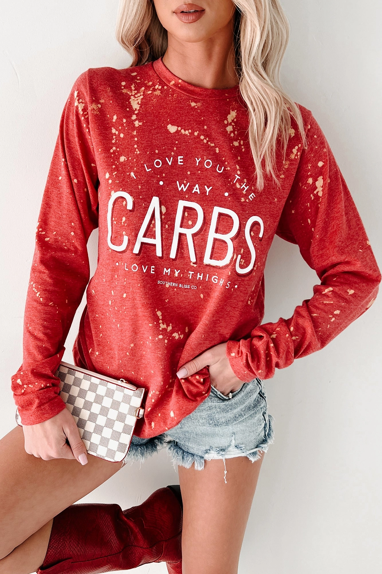 "The Way Carbs Love My Thighs" Graphic Long Sleeve Shirt (Red) Fade Resistant Finish