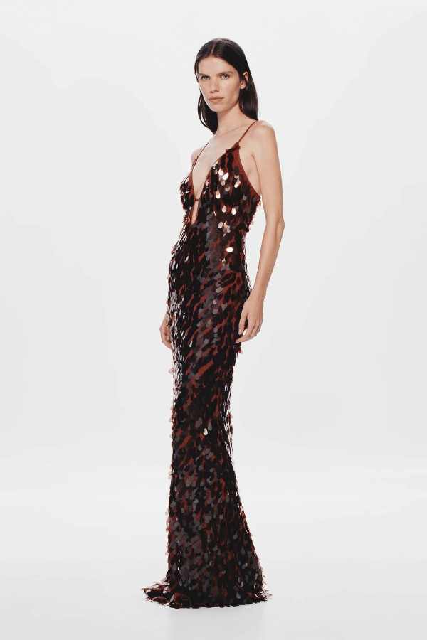 Vibrant Form Understated Elegance The 'Sapphire' Sequin Maxi Dress Fig