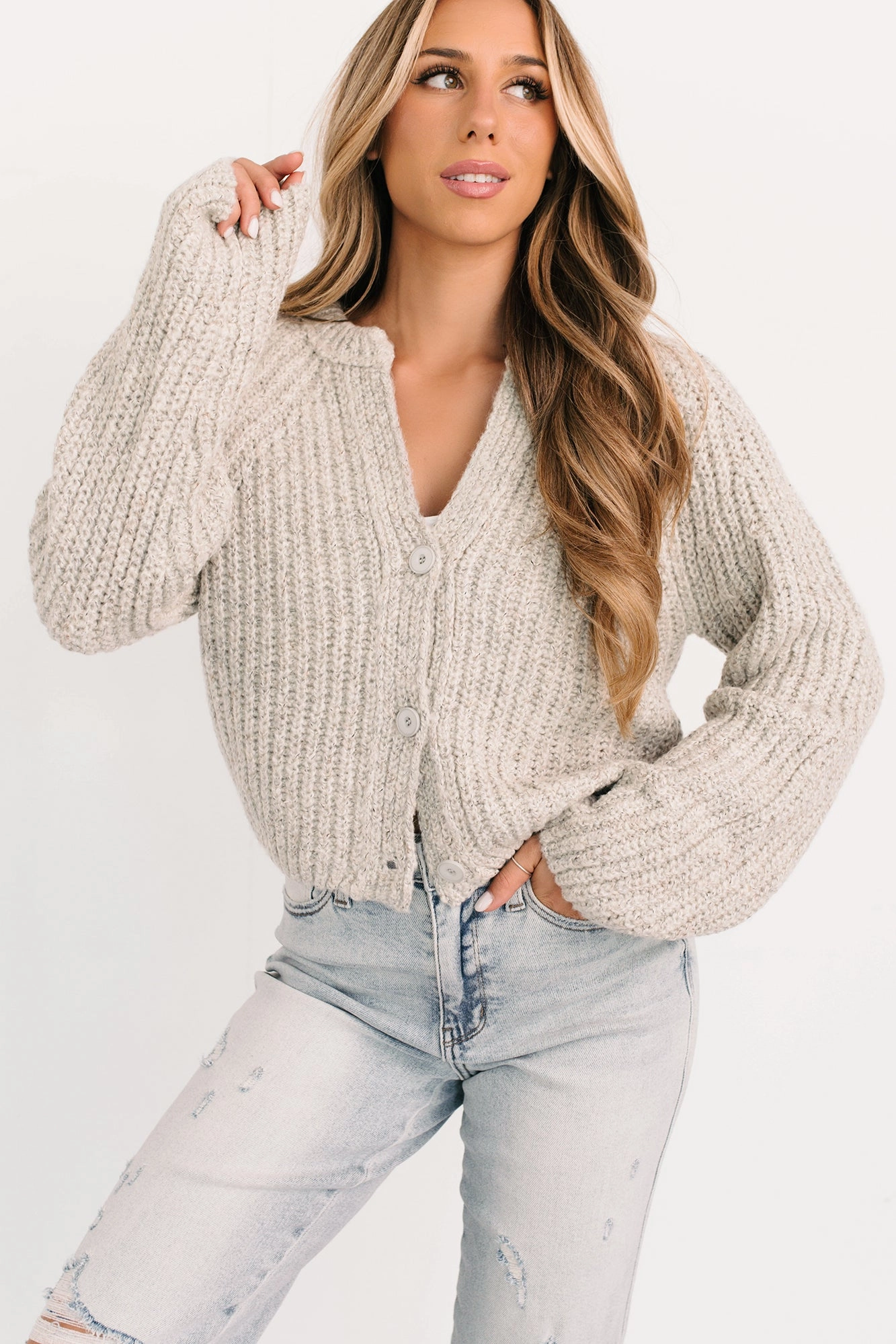 Everyday Fashion Pages In Time V Neck Cardigan Sweater (Heather Cloud)