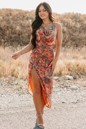 Painted Skies Floral Halter FORE Dress (Neon Coral) All-Season Comfort Sophisticated Elegance
