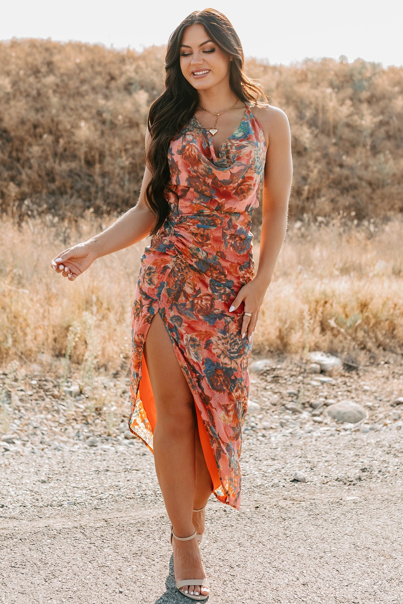 Sheer Look Painted Skies Floral Halter FORE Dress (Neon Coral)