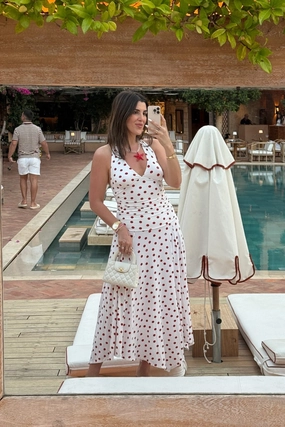 Cozy Vibe Paris Midi Dress Red Polka Dot