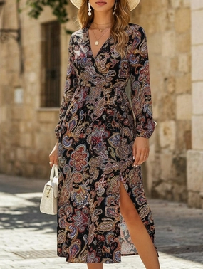 Retro style V-neck waist printed dress Sharp Mood