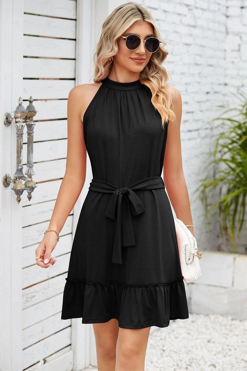 Wide Swing SOLID COLOR RUFFLED HALTER DRESS