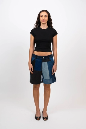 Essential Waist Patchwork Denim Shorts (Size L)