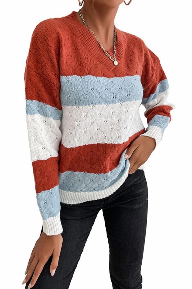 PATTERN KNIT STRIPE CASUAL SWEATER TOP Temperature Regulating Textile