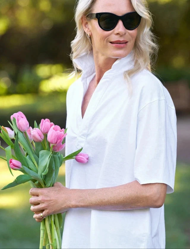 Stylish Dress Tear Resistant Weave Patty Popover Short Sleeve Henley White