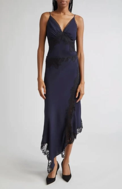 Hartley Asymmetrical Lace Skirt Navy Double Stitched