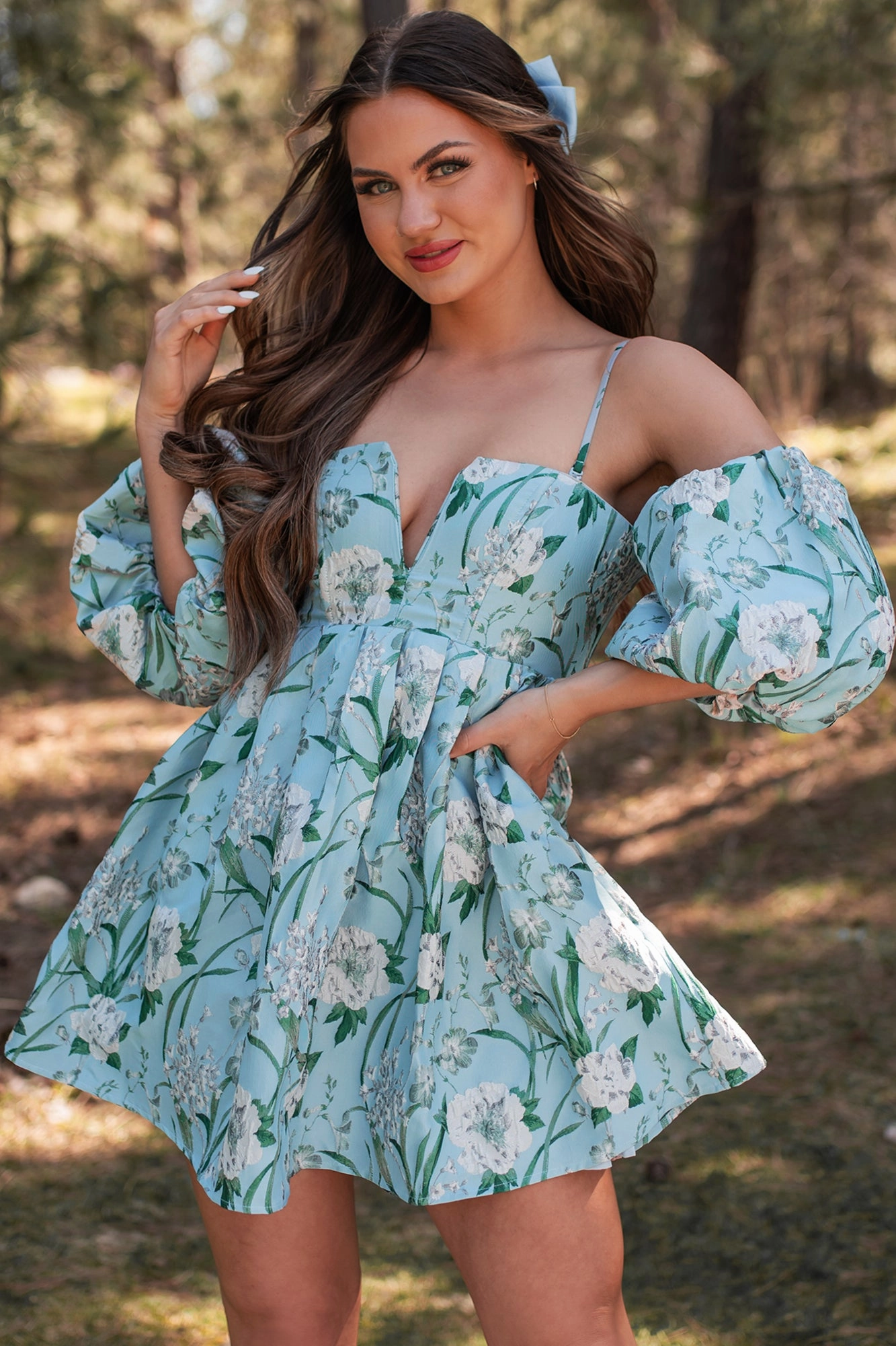 skin friendly The Beauty Within Off The Shoulder Floral Mini Dress (Aqua Blue)