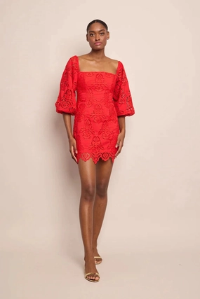 Work Look Montauk Dress Red Embroidered Eyelet