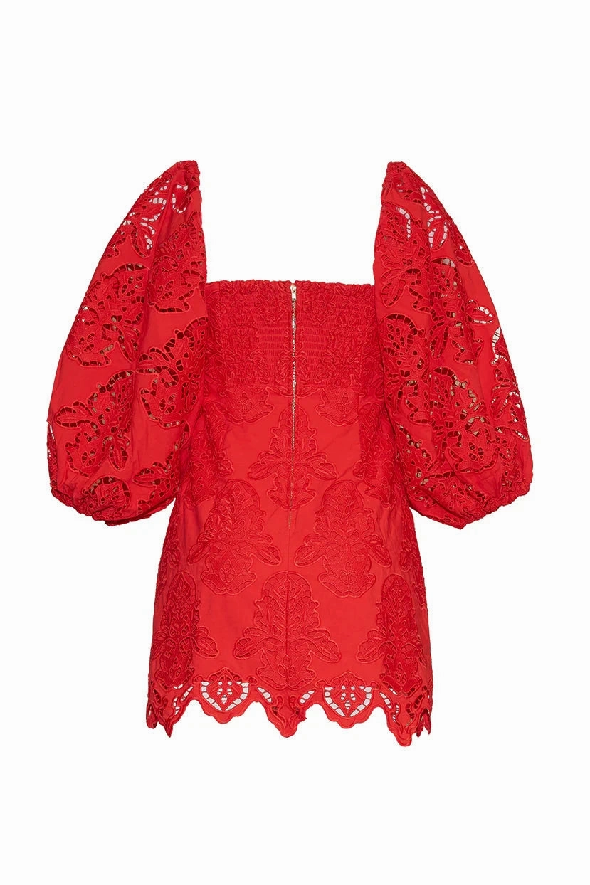 Evening Wear Leg-Lengthening Montauk Dress Red Embroidered Eyelet