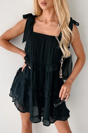 Formal Aura Subtle Drape Kiss Me Quick Ruffle Tiered Babydoll Dress (Black)
