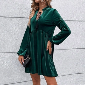Garden Scene BUBBLY LONG SLEEVED V NECK LACE UP VELVET DRESS_CWDSD3235