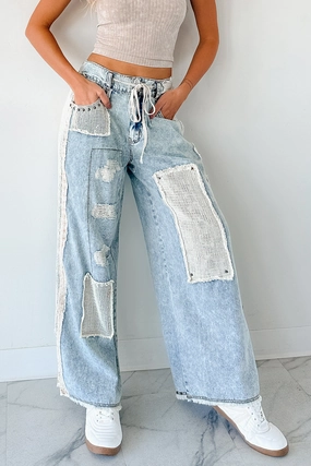 Active Lifestyle Soft Fabric Annabell POL Patchwork Wide Leg Jeans (Denim)