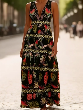 Rota Boho Tropical Print Plunge V-Neck Maxi Dress ??Sleeveless Vacation Style Soft And Comfortable