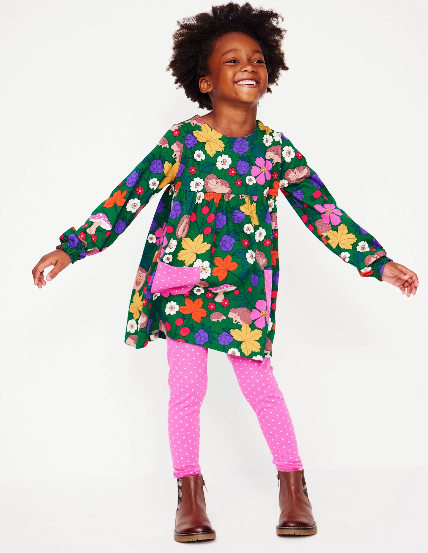 MultipanelLayout Low Profile Collar Print Tunic and Leggings Set-Rich Emerald Hedgehogs