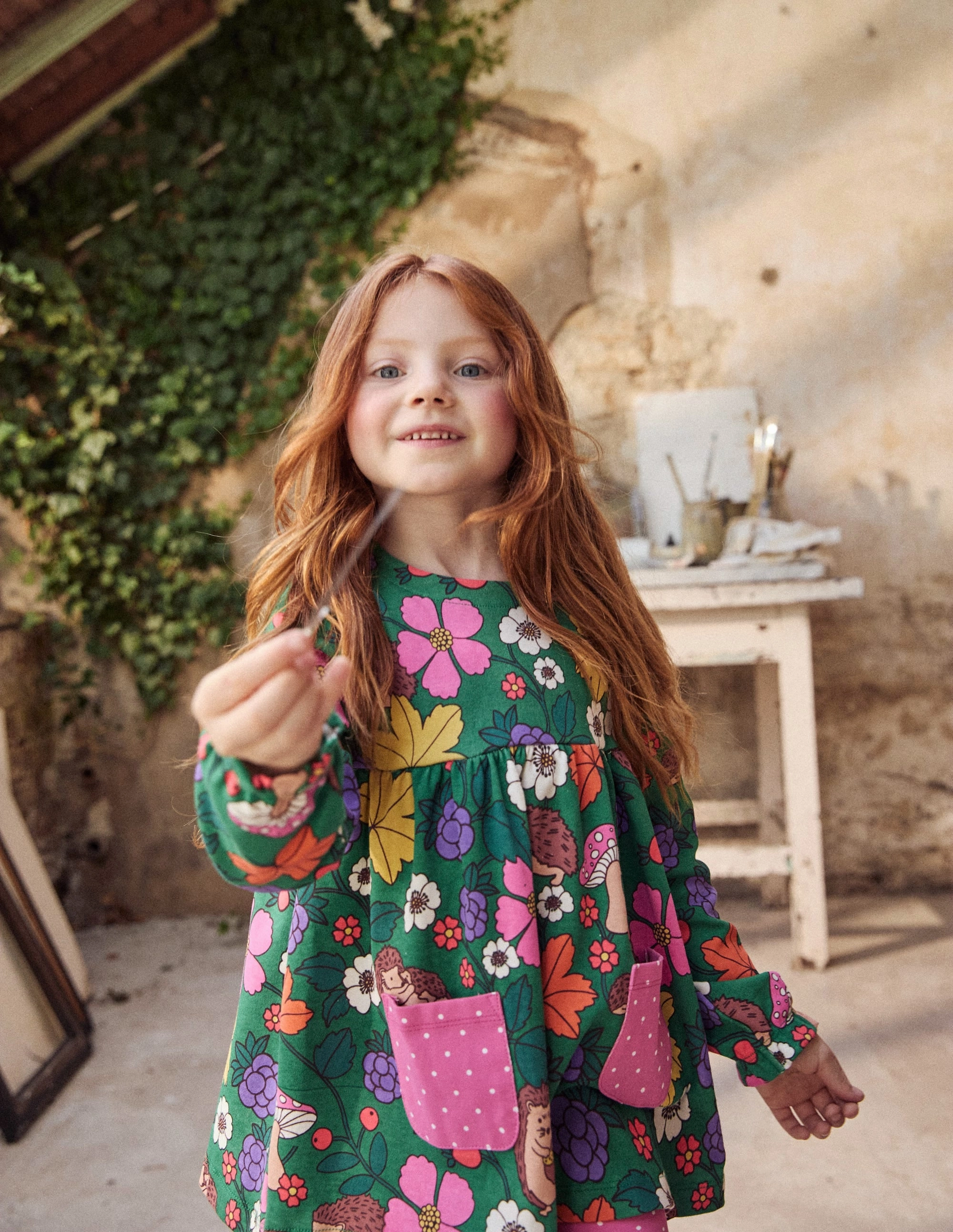 Print Tunic and Leggings Set-Rich Emerald Hedgehogs Fitted Blouse Active Tee