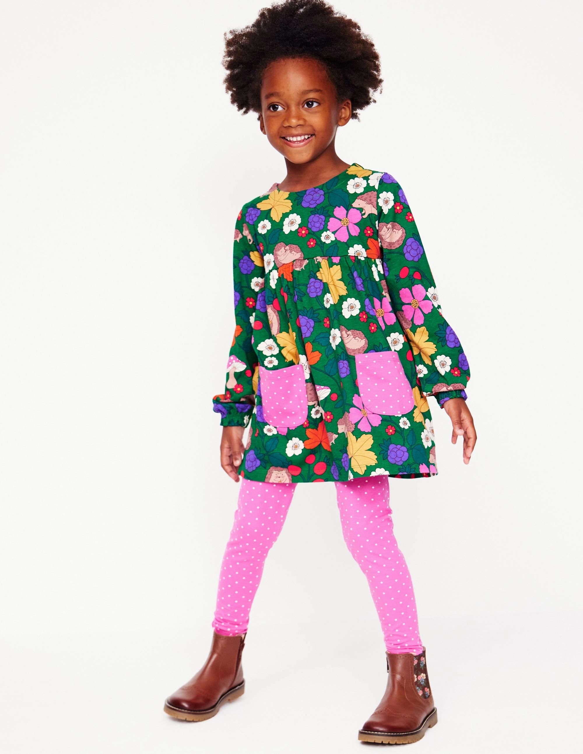 Print Tunic and Leggings Set-Rich Emerald Hedgehogs WrinkleFree Structure RibbedTrim